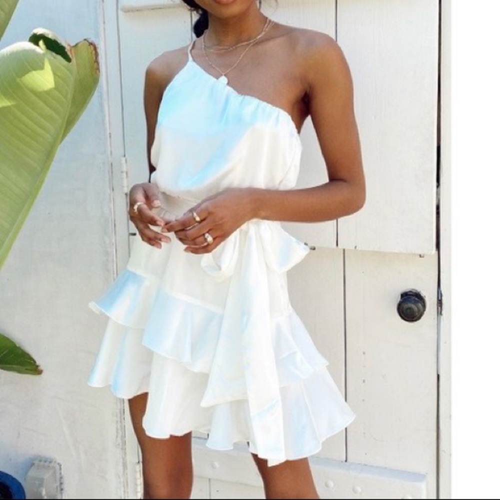 Show Me Your Mumu Satin White Superstar Mini Ruffle Dress Bridal Bachelorette